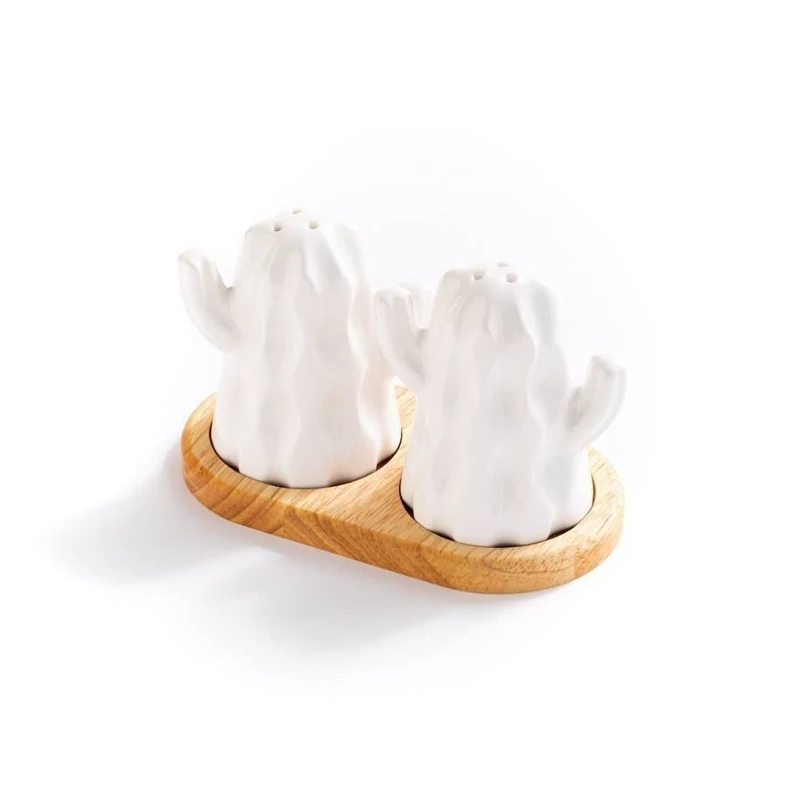 نمکدان سرامیکی جفتی طرح کاکتوس همراه زیره چوبی لوکسینه